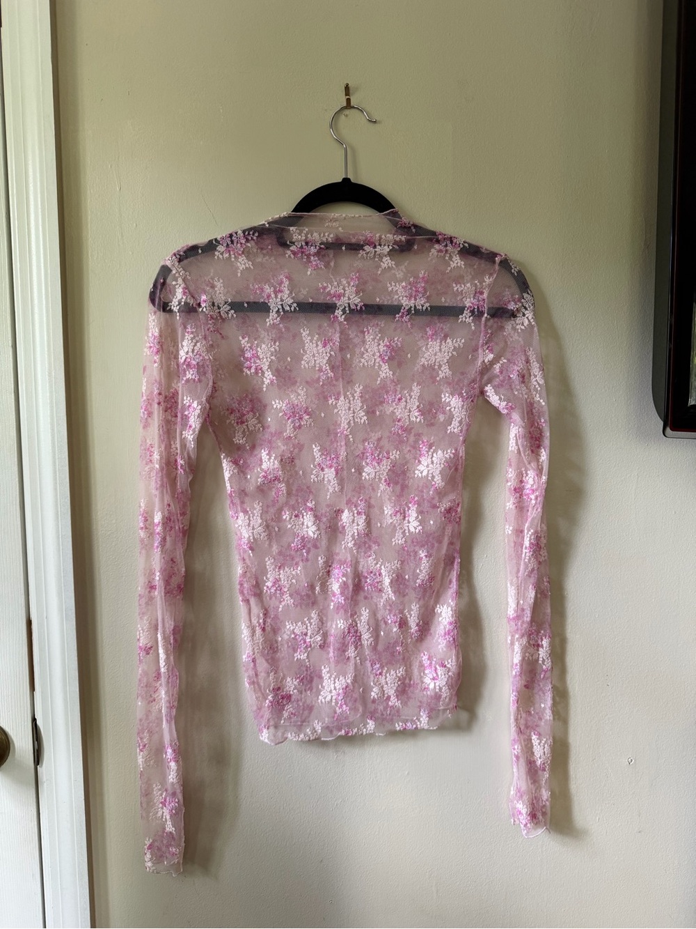 Delicate Sheer Pink Floral Lace Long-Sleeve Top
